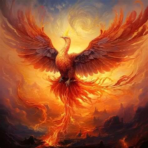 Изображение летящего феникса горящего огнем птицы мифические существа