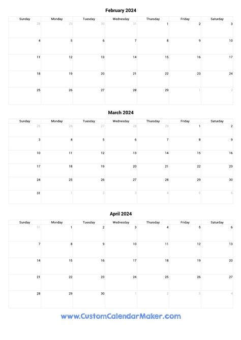 February To April 2024 Calendar Printable