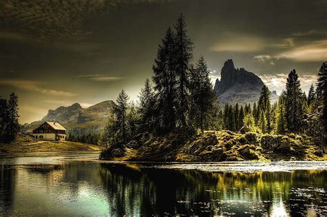 Alpine Clouds Dawn Daylight Evergreen Forest House Lake