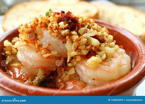 Closed Up Of Mouthwatering Spanish Style Garlic Shrimp Or Gambas Al