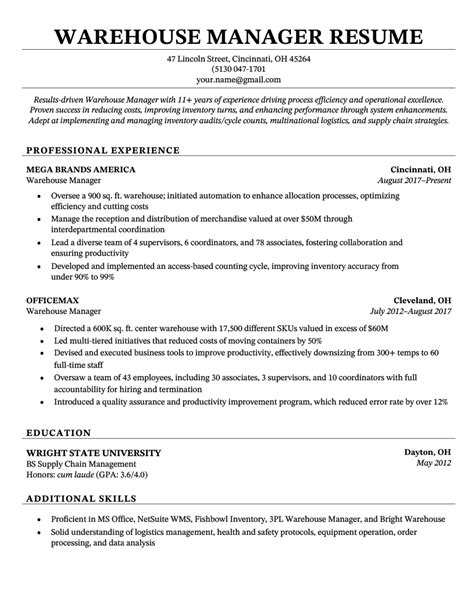 Warehouse Manager Resume Example And Template