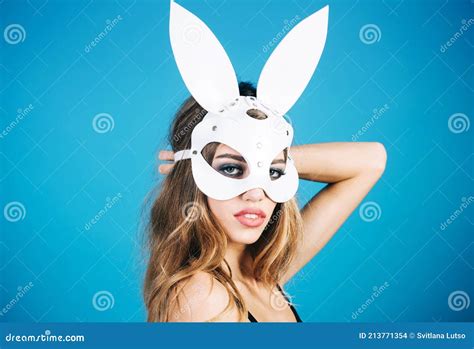 Sexy Bunny Girl Sensual Woman In White Easter Rabbit Mask Fashion Model With Pink Lips And