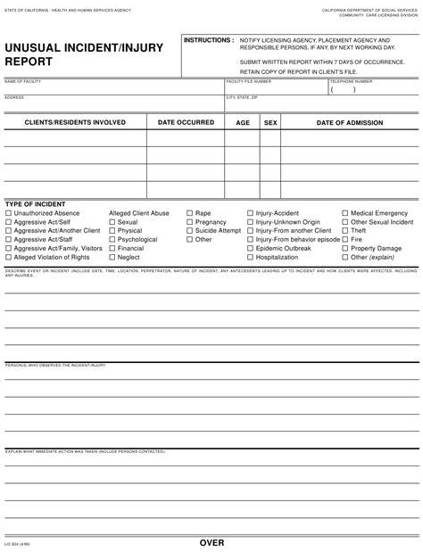 Lic 624 Unusual Incident Injury Report Printable Pdf Download