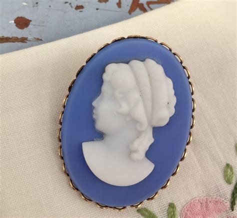 vintage cameo brooch pin blue and white cameo 1960s victorian revival cameo brooch cameo