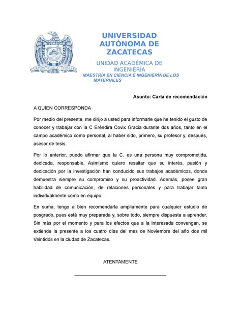 Carta Recomendación Doctorado UNIVERSIDAD AUTÓNOMA DE ZACATECAS UNIDAD ACADÉMICA DE INGENIERÍA