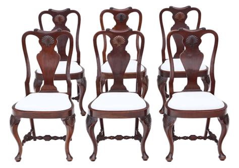 Antique Fine Quality Set Of 6 Queen Anne Revival Mahogany Dining Chairs