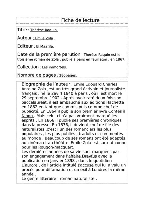 Fiche de lecture - Résumé Thérèse Raquin - Fiche de lecture Titre