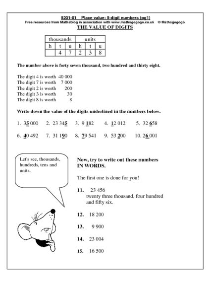The Value Of Digits 5 Digit Numbers Worksheet For 3rd 4th Grade