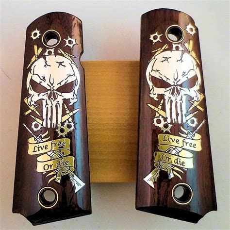 Compact 1911 Walnut Wood Grips Custom Engraved Gold Silver