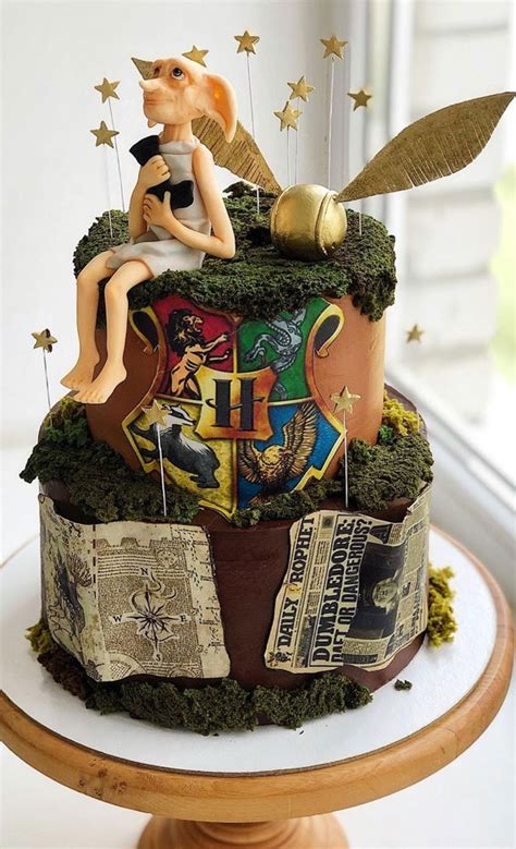 33 Best Harry Potter Cakes In 2022 Two Tier Cake Topped With Dobby
