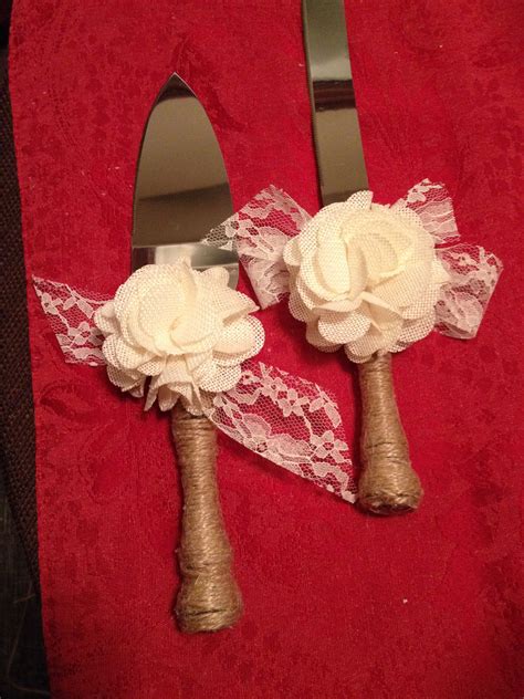 Rustic Burlap And Lace Wedding Cake Knife And Server Twine The Handles