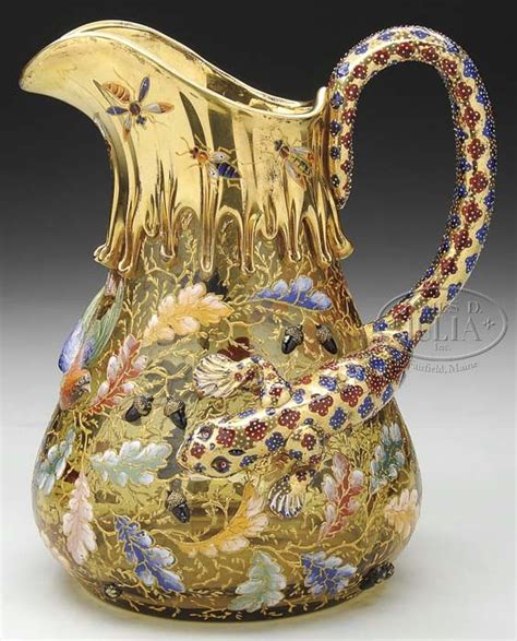 Moser Glass Pitcher Blown Floral Bird And Insects Decoration Salamander Handle 9 Inch C