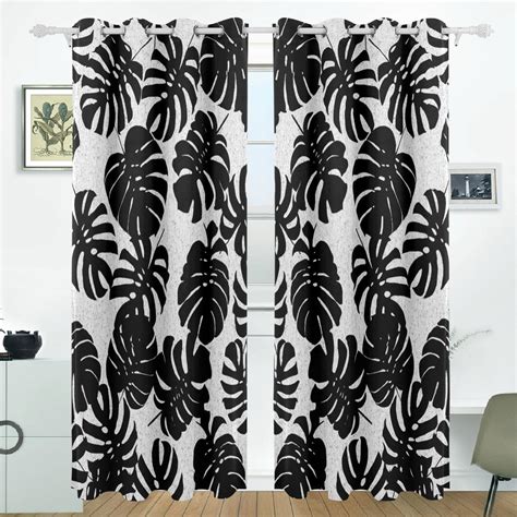 Popcreation Black And White Palm Tree Leaves Window Curtain Blackout