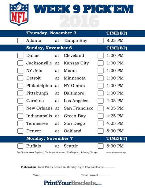 Nfl Week 9 Schedule Printable Customize And Print