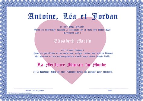 Diplômes à personnaliser et à imprimer gratuitement, en quelques secondes. Diplome de fete des meres