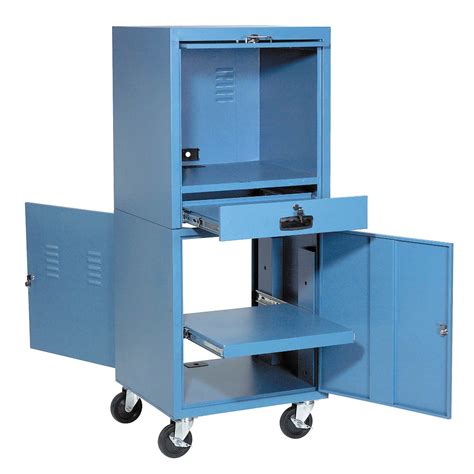 Locking upper compartment with plexiglas window provides viewable access to lcd monitor. Mobile Security Computer Cabinet, Blue, 24-1/2"W x 22-1/2 ...