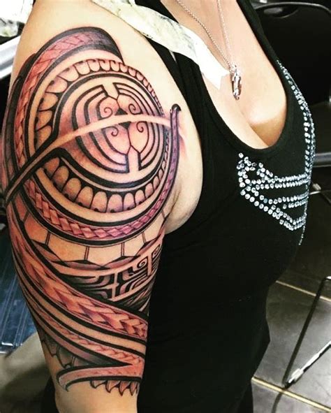 Half Sleeve Female Polynesian Tattoo With Color Polynesian Tattoo