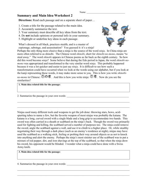 Summary And Main Idea Worksheet 2 Rtf