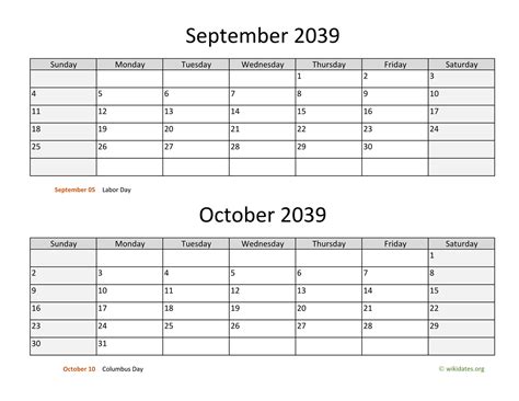 September And October 2039 Calendar