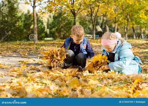 Children Playing In A Carpet Of Autumn Leaves Royalty Free Stock Images