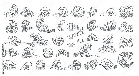 Set Of Oriental Wave Vector Illustration Japan Wave Linear Style