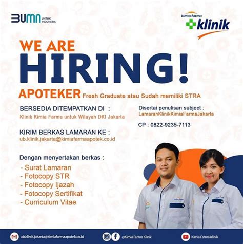 1 tahun diutamakan pengalaman sebagai staf di bagian sales / merketing mampu berbahasa inggris. Lowongan Kerja Klinik Kimia Farma - Lowongan Kerja BUMN ...