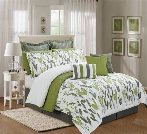 12 Pieces Luxury Sage Green Grey And White Vine Allen Comforter Set Bed In A Bag