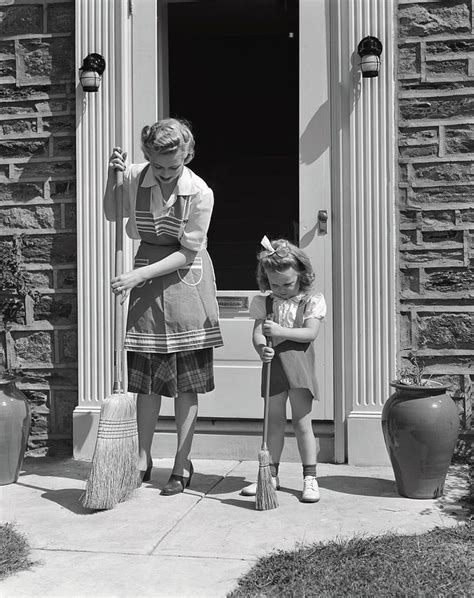 1940s Mother And Daughter Sweeping By Vintage Images In 2022 Vintage