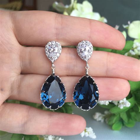 Handmade Swarovski Earrings Bridal Earrings In Montana Blue Crystal