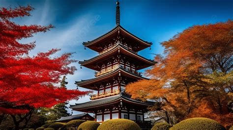Fundo Grande Pagode Japonês Com árvores Coloridas Cercadas Por Kodo