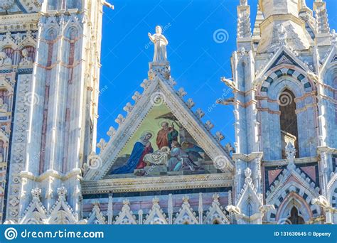 Facade Exterior Natvity Christ Mary Cathedral Church Siena Italy Stock