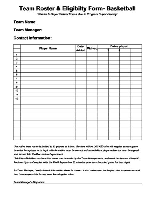 Team Roster And Eligibility Form Basketball Printable Pdf