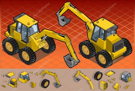 Isometric Yellow Excavator In Two Position Stock Vector Image By