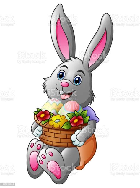 Cartoon Easter Bunny Holding A Basket Full Of Eggs Stock Illustration