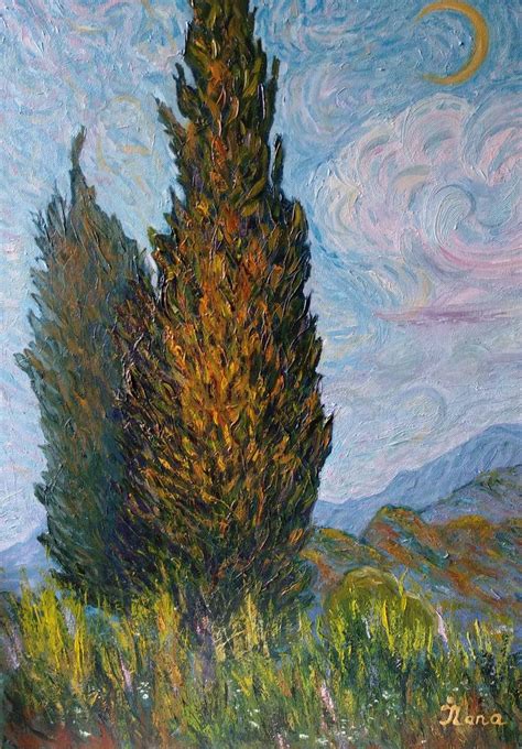 A Copy Of Van Goghs Painting Cypress Trees Painting By Sviatlana