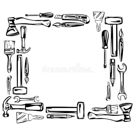 Construction Tools In Tool Box Black And White Vector Illustration