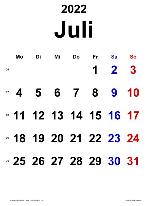 Kalender Juli 2022 Als Pdf Vorlagen