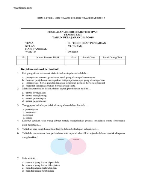 Latian soal pas semester 1 kelas 6 tema 2 draft. Soal Pas Kelas 6 Tema 3 Semester 1