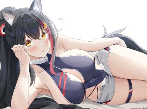 Animal Ears Black Hair Blush Breasts Cleavage Garter Hololive Keenh