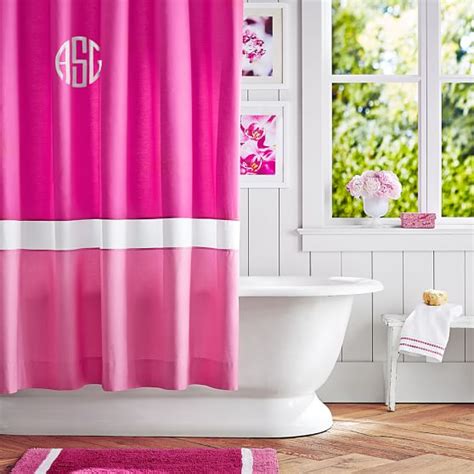 Premium designer bathroom accessories, soap dispensers, toilet roll holders, toilet accessories. Color Block Shower Curtain, Pink Magenta/ Bright Pink | PBteen