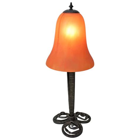 French Art Deco Wrought Iron Blown Art Glass Table Lamp For Sale At 1stdibs