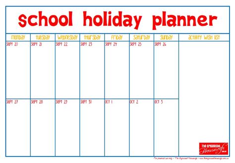 Printable School Holiday Planner The Organised Housewife