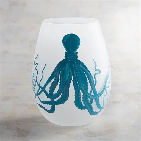 Turquoise Octopus Hand Painted Frosted Stemless Wine Glass Pier 1