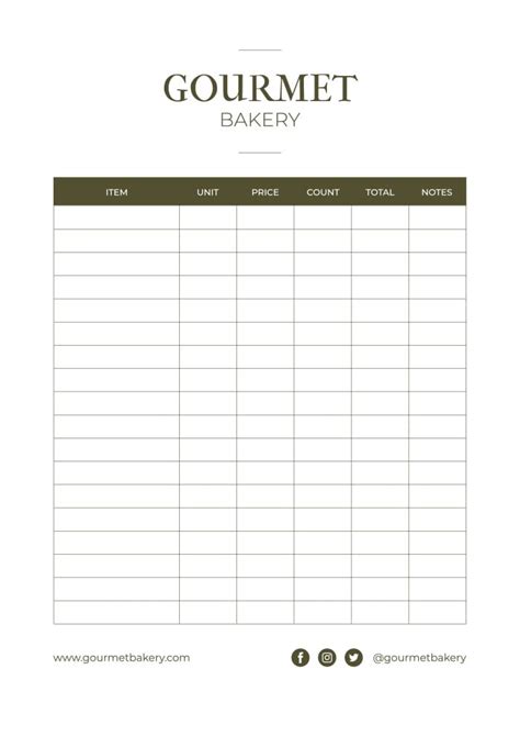Free Minimal Gourmet Bakery Inventory Checklist Template