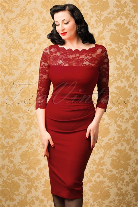 50s Linda Lace Pencil Dress In Red