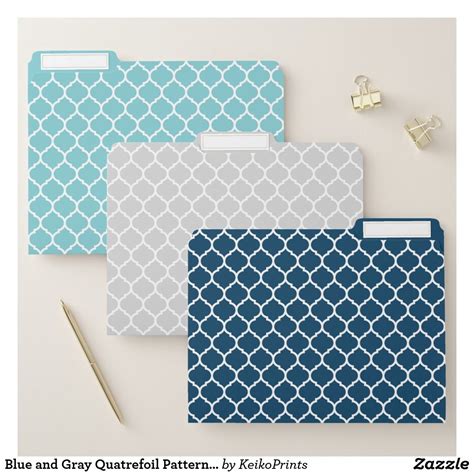 Blue And Gray Quatrefoil Pattern File Folders Zazzle Quatrefoil