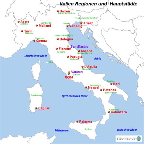 StepMap Italien Regionen und Haupstädte Landkarte für Italien