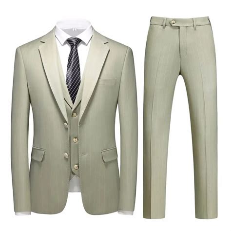 Plyesxale Light Green Striped Suit Men Blazer Pants Vest 3 Pieces Set