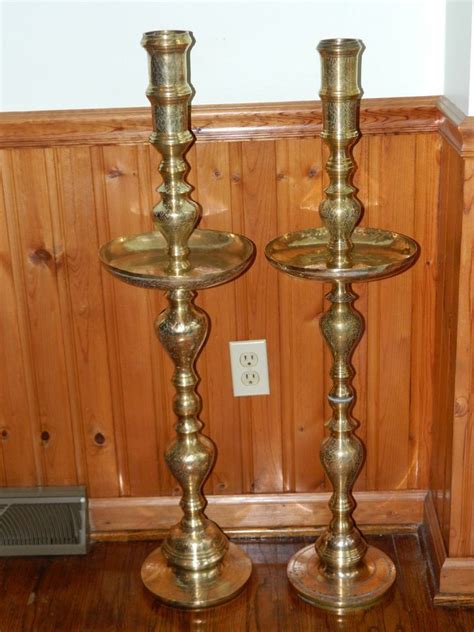Vintage Tall Etched Brass Floor Candlesticks Altar Church Candle