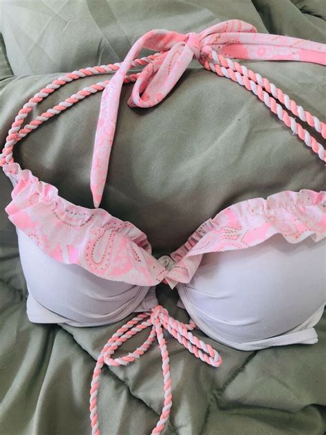 Victorias Secret Ruffle Push Up Bikini Top Padded Underwire 32b Rope Tie Coral Ebay Bikini